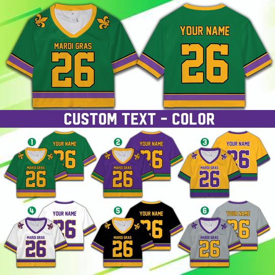 Personalized Mardi Gras Football Team Jersey Custom Fat Tuesday Crop Top Jersey Mardi Gras Carnival Game Day Outfit For Football Lovers