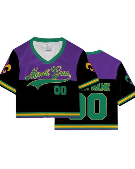 Personalized Mardi Gras Crop Top Football Jersey, Custom Name Mardi Gras Football Jersey, Purple Gold Green Jersey Uniform For Football
