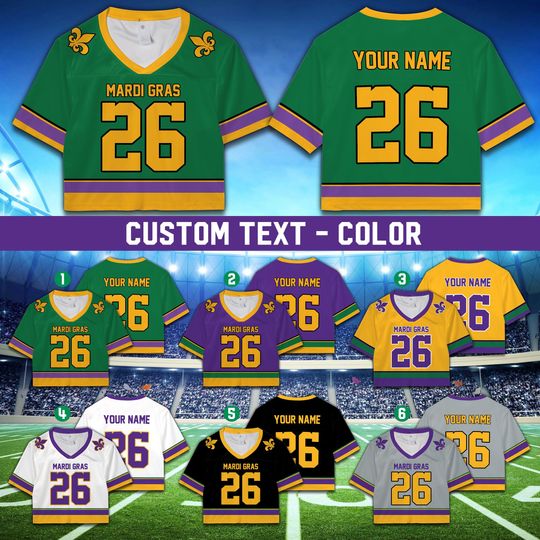 Discover Personalized Mardi Gras Football Team Jersey Custom Fat Tuesday Crop Top Jersey Mardi Gras Carnival Game Day Outfit For Football Lovers