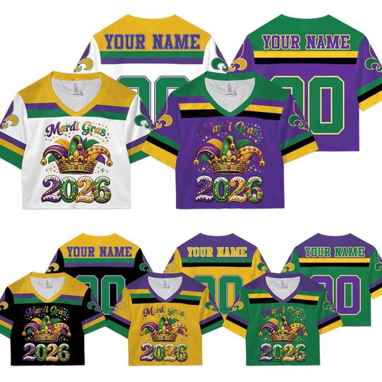 Mardi Gras 2026 Crop Top Football Jersey, Custom Name Number Shirt, Mardi Gras Outfit Women, New Orleans Carnival Top, Festival Jersey