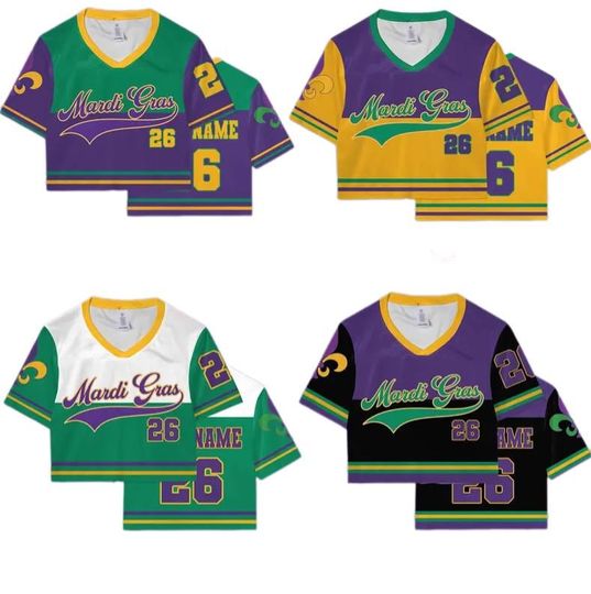 Discover Personalized Mardi Gras Crop Top Football Jersey, Custom Name Mardi Gras Football Jersey, Jersey Uniform For Football Fans Mardi Gras Outfit