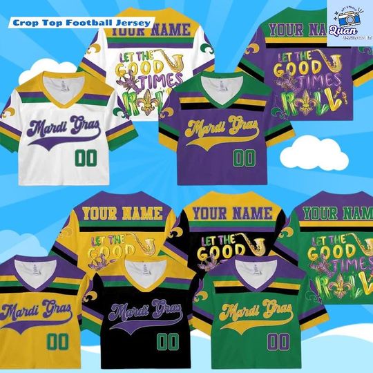 Custom Mardi Gras Crop Top Football Jersey for Women, V-Neck Cropped Jersey Shirt, Personalized Name Number Top