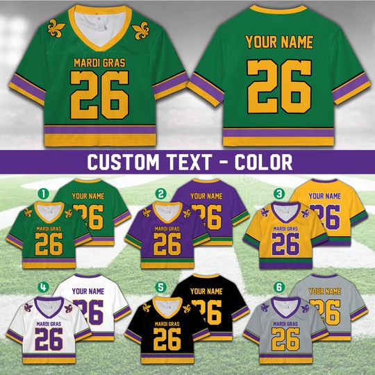 Personalized Mardi Gras Football Team Jersey Custom Fat Tuesday Crop Top Jersey Mardi Gras Carnival Game Day Outfit For Football Lovers