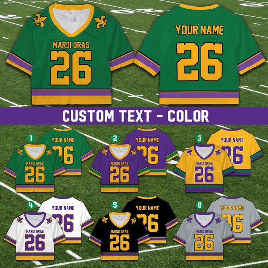 Personalized Mardi Gras Football Team Jersey Custom Fat Tuesday Crop Top Jersey Mardi Gras Carnival Game Day Outfit For Football Lovers