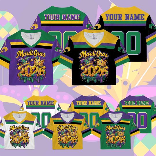 Personalized Mardi Gras Crop Top Football Jersey, Custom Name And Number Football Jersey, Mardi Gras Carnival Jersey, Gift For Family