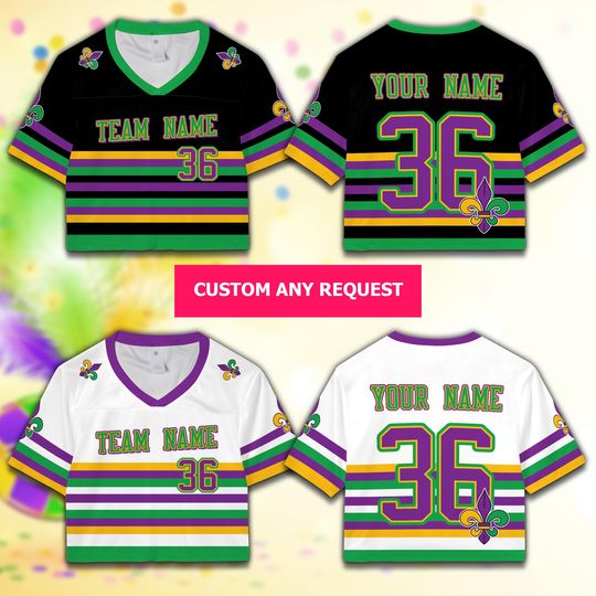 Discover Personalized Mardi Gras Football Team Jersey Custom Fat Tuesday Crop Top Jersey Mardi Gras Carnival Game Day Outfit For Football Lovers