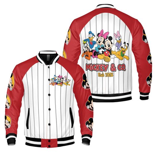 Discover Mickey And Friends Est 1928 Disney Baseball Jacket, Mickey Minni Mouse Daisy Donald Goofy Pluto Streetwear Jacket, Disneyland Family Trip