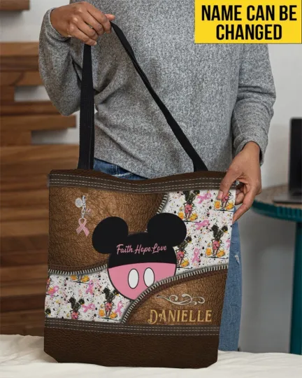 Discover Personalized Disney Mickey Mouse Tote Bag, Mickey Breast Cancer Awareness Gift