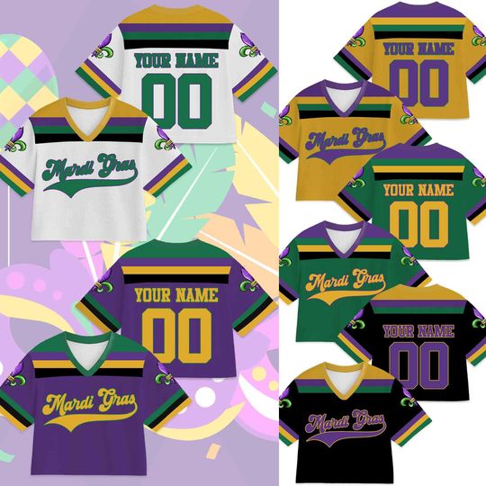 Discover Personalized Mardi Gras Crop Top Football Jersey, Custom Name And Number Football Jersey, Mardi Gras Carnival Jersey, Gift For Family