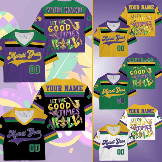 Personalized Mardi Gras Crop Top Football Jersey, Let The Good Time Roll Football Jersey, Mardi Gras Carnival Jersey, Gift For Family