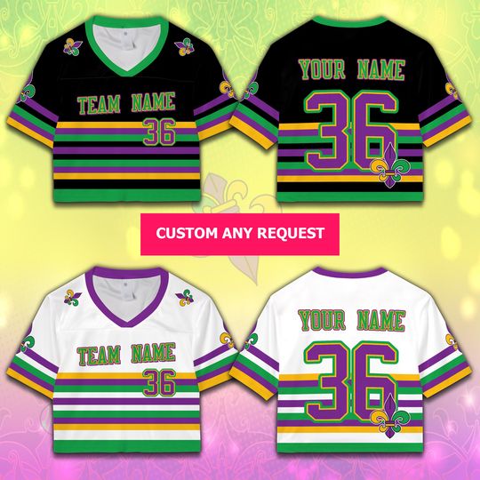 Personalized Mardi Gras Football Team Jersey Custom Fat Tuesday Crop Top Jersey Mardi Gras Carnival Game Day Outfit For Football Lovers