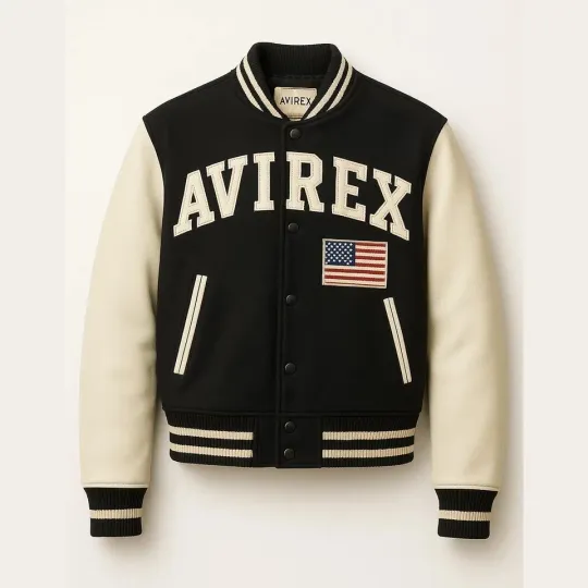 Discover Avirex Style New York  Varsity Jacket Black Wool & Cream Leather Letterman Patch