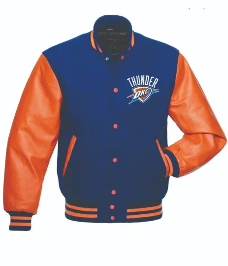 Men's Oklahoma City Thunder Blue and Orange Bomber Jacket (Not Satin, Not Wool, Not Leather)