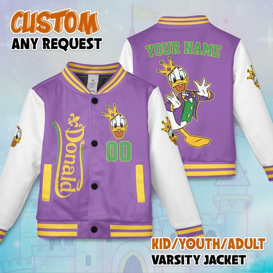 Discover Custom Donald Duck Mardi Gras Varsity Jacket, Disney Donald Duck Varsity, Disneyland Baseball Team Matching Outfit, Birthday Gift