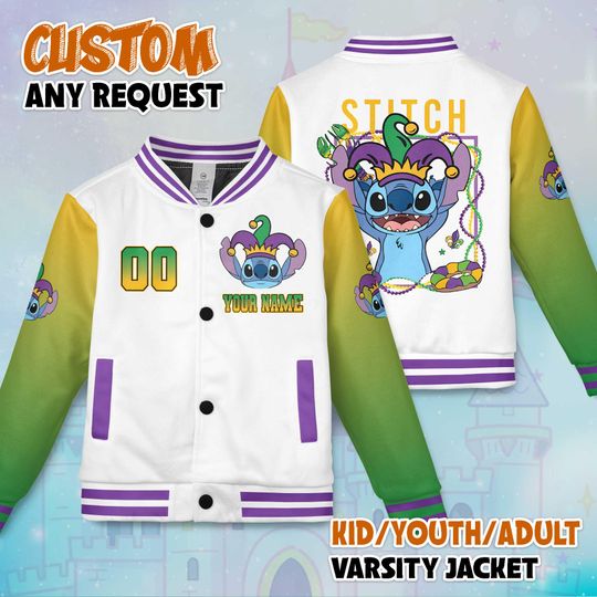 Discover Custom Stitch Mardi Gras Varsity Jacket, Personalized Disney Jacket, Baseball Team Outfit, Disney Uniform Varsity