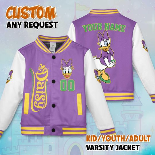 Custom Daisy Duck Mardi Gras Varsity Jacket, Disney Donald Duck Varsity, Disneyland Baseball Team Matching Outfit, Birthday Gift