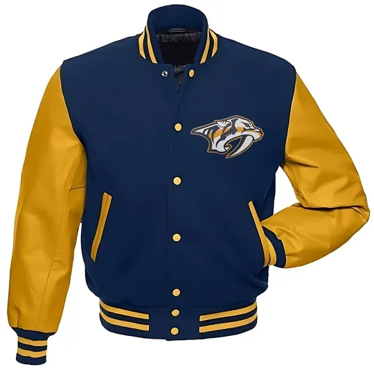 Discover Nashville Predators Navy Blue Body Gold Varsity Jacket  (Not Satin, Not Wool, Not Leather)