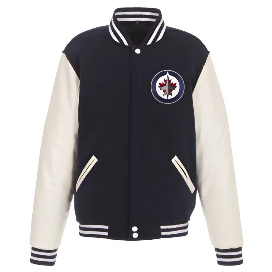 Discover Winnipeg Jets Navy Blue Body White  Varsity Jacket Men (Not Satin, Not Wool, Not Leather)