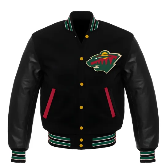 Discover Minnesota Black Body Black Varsity Jacket  (Not Satin, Not Wool, Not Leather)