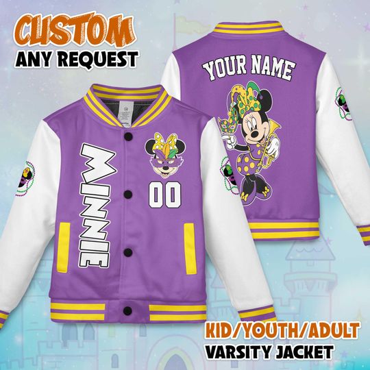 Personalized Minnie Mouse Mardi Gras  Varsity Jacket, Custom Mickey and Friends Baseball Jacket, Lucky Gift