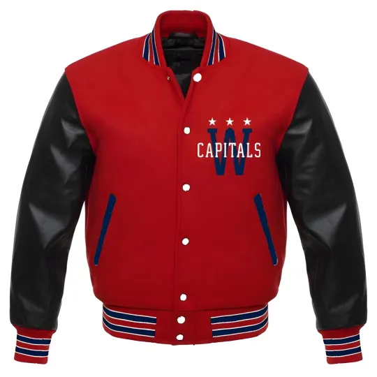 Discover Washington Capitals Red Body Black Varsity Jacket (Not Satin, Not Wool, Not Leather)