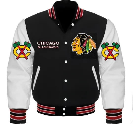 Discover Chicago Black Body White Varsity Jacket  (Not Satin, Not Wool, Not Leather)