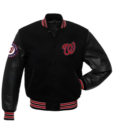 Discover Washington Nationals Black Body Black  Leather Letterman Jacket Men Size L