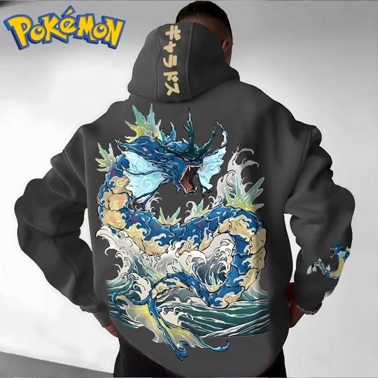 Discover Poket mons 2025 Autumn/Winter Men's Hoodie Anime Gyarados Cool Print Loose Street Casual Daily Wear Japanese Original Jumper Top