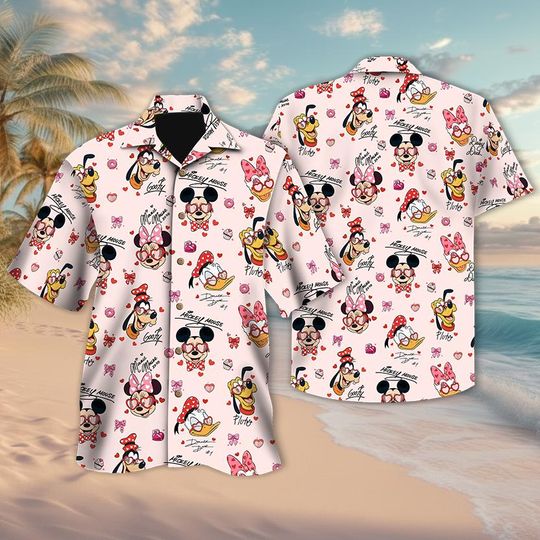 Disney Mickey and Friends Signatures Happy Valentine's Day Hawaiian Shirt, Disneyland Couple Trip Button Tee, Mickey Valentine Pink Shirt