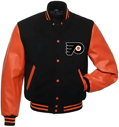 Discover Philadelphia Black Body Orange Varsity Jacket  (Not Satin, Not Wool, Not Leather)