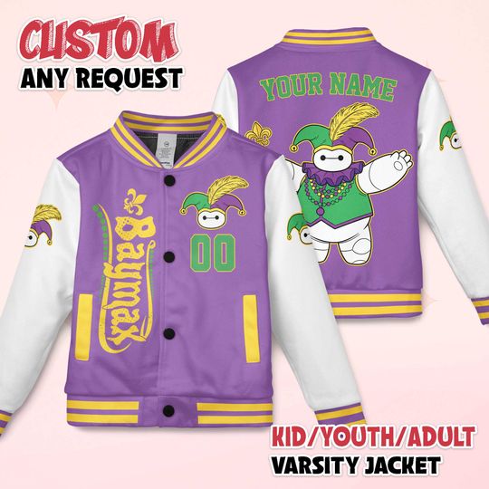 Custom Baymax Mardi Gras Varsity Jacket,  Disney Big Hero 6 Baseball Jacket, Disneyland Baseball Jacket Outfit