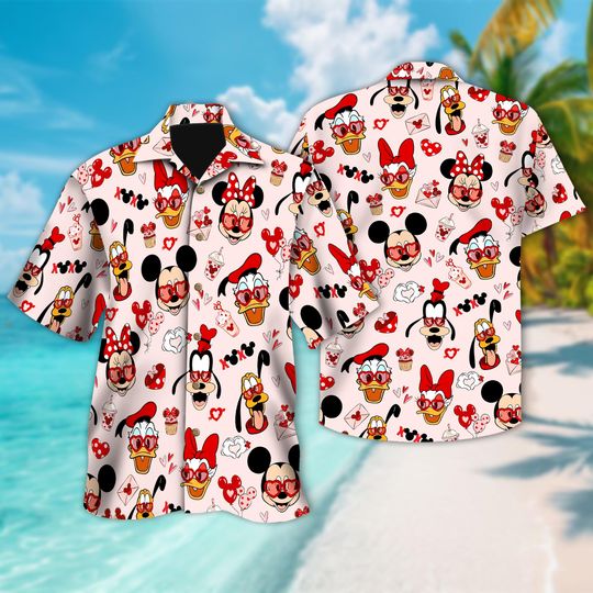 Discover Disney Mickey And Friends Head Hawaiian Shirt, Mickey Mouse Valentine Hawaiian Shirt, Disney Mickey Button Up, Mickey Valentine Shirt