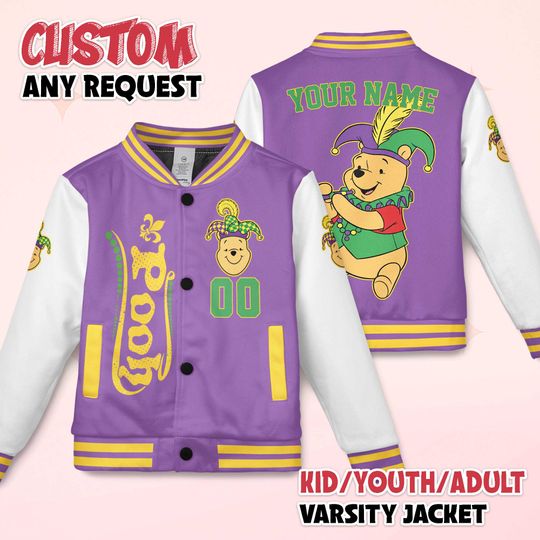 Discover Personalized Pooh Mardi Gras Varsity Jacket, Disney Winnie the Pooh Baseball Jacket, Birthday Gift