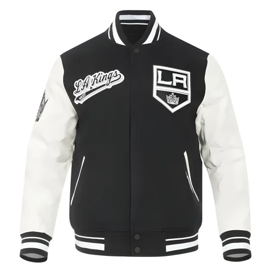 Discover Los Angeles Black Body White Varsity Jacket  (Not Satin, Not Wool, Not Leather)