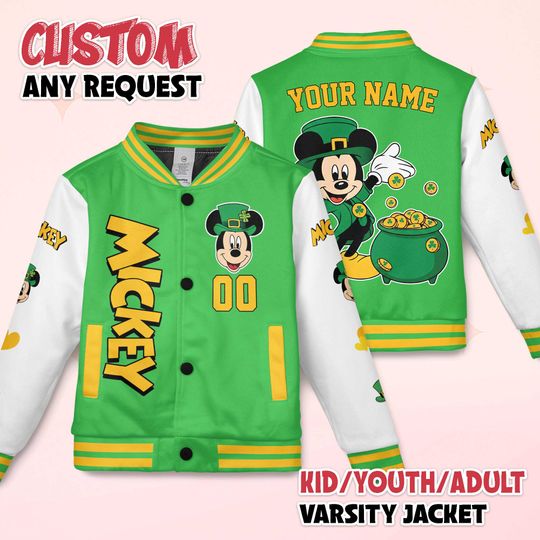 Discover Personalize Mickey Mouse St Patricks Day Varsity Jacket, Custom Mickey and Friends Baseball Jacket, Lucky Gift