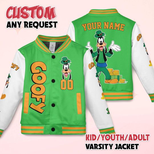 Personalize Goofy Dog St Patricks Day Varsity Jacket, Custom Mickey and Friends Baseball Jacket, Lucky Gift