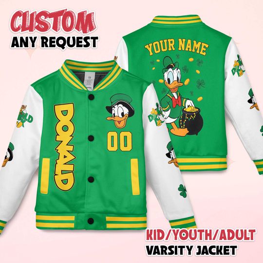 Discover Personalize Donald Duck St Patricks Day Varsity Jacket, Custom Mickey and Friends Baseball Jacket, Lucky Gift