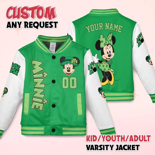 Personalize Minnie Mouse St Patricks Day Varsity Jacket, Custom Mickey and Friends Baseball Jacket, Lucky Gift
