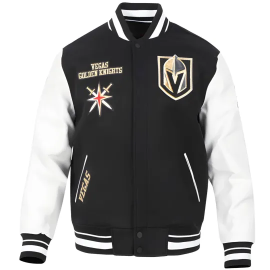 Discover Vegas Golden Black Body White Varsity Jacket  (Not Satin, Not Wool, Not Leather)