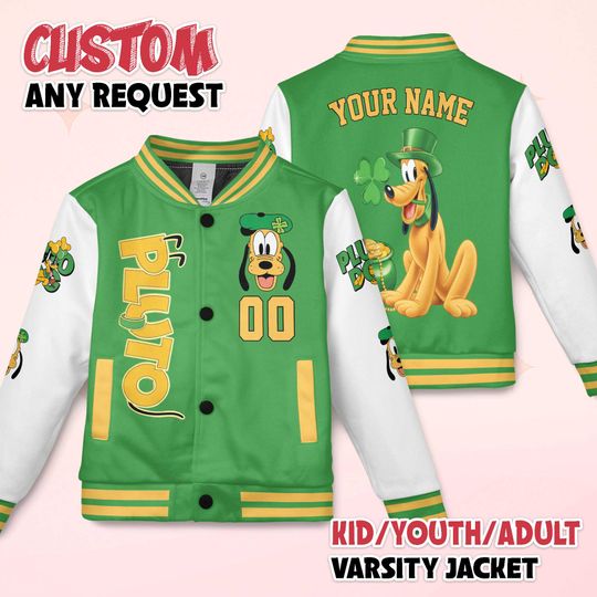 Discover Personalize Pluto Dog St Patricks Day Varsity Jacket, Custom Mickey and Friends Baseball Jacket, Lucky Gift
