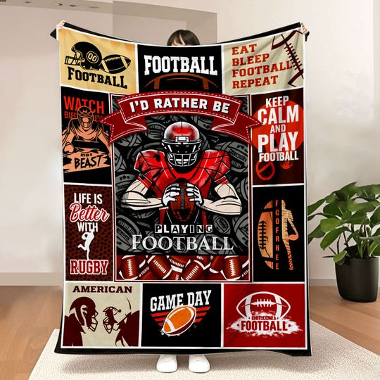 Discover American Football Collage Blanket - Vibrant Printed Throw with Helmet, Player, & Football Panels, Perfect for Game Day Enthus