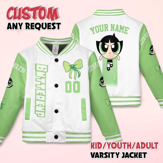 Personalized Buttercup Varsity Jacket, Custom The Powerpuff Girls Baseball Jacket, Cartoon Fan Gift