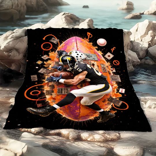 Discover Dynamic American Football Player in Action Blanket - Artistic Black and Yellow Pittsburgh Steeler Design, Featuring Vibrant FF Band