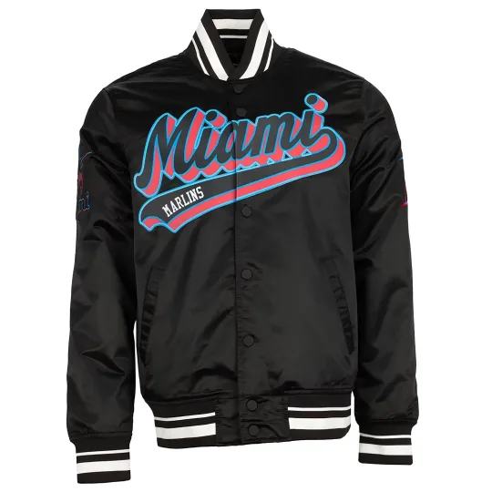 Discover Miami Marlins Black Satin BaseballBk Varsity Jacket Letterman Jacket Men Size L