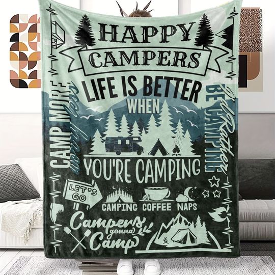 Discover Happy Campers pattern Flannel printed blanket suitable for all seasons suitable for living room office sofa and travel 180x250CM
