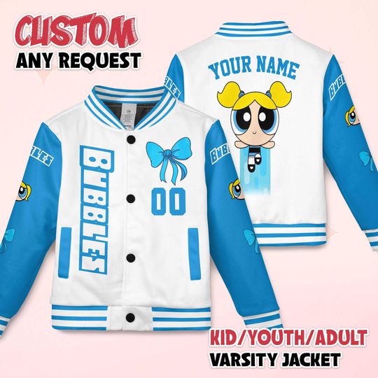 Personalized Bubbles Varsity Jacket, Custom The Powerpuff Girls Baseball Jacket, Cartoon Fan Gift