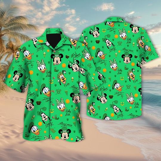 Discover Disney Mickey and Friends Signatures Happy St.Patrick's Day Hawaiian Shirt, Ireland Family Patrick Day Trip Button Tee, Irish Shamrock Shirt