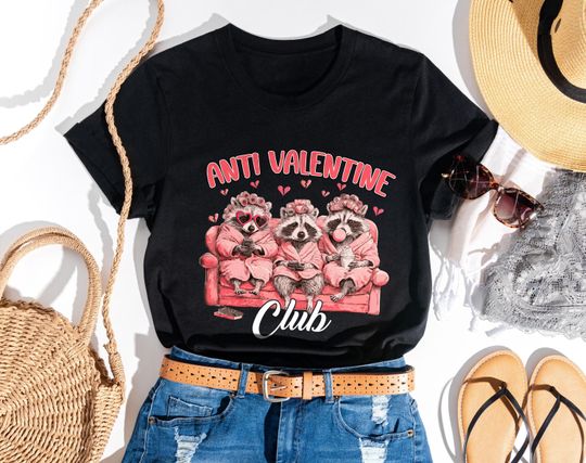 Discover Anti Valentine Raccoon Club Shirt, Funny Anti Love T-Shirt, Humor Valentine Tee, Broken Heart Graphic Shirt, Novelty Anti Valentine Gift Tee