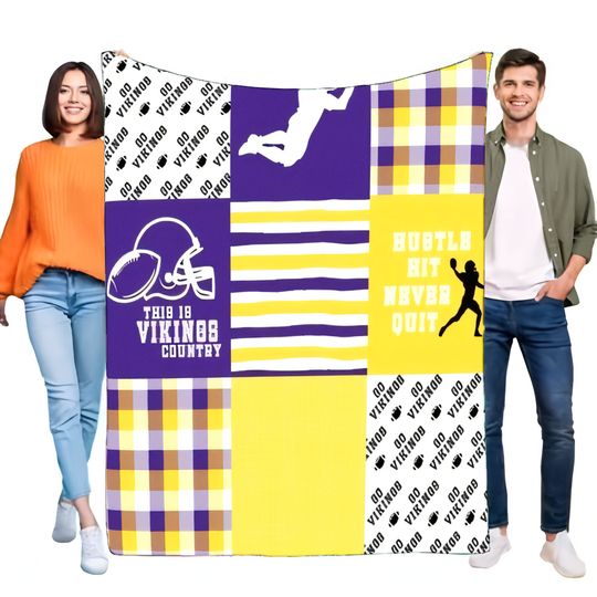 Discover Vikings Football Patchwork Throw Blanket Soft Flannel Cozy football Team Fan Gift Bed Sofa Decor HUSTLE HIT NEVER QUIT Plaid Stripe