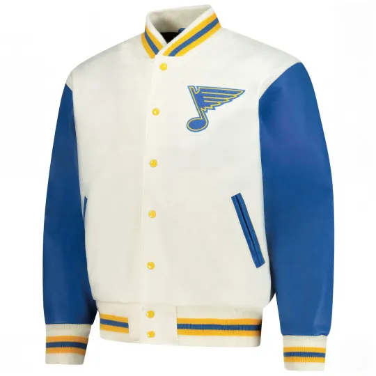 Discover St. Louis White Body Blue Varsity Jacket  (Not Satin, Not Wool, Not Leather)